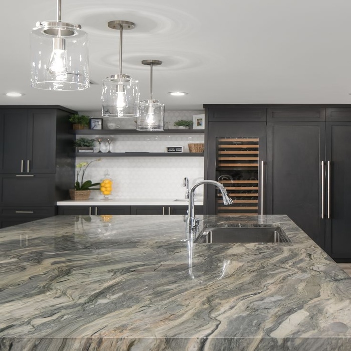 Stones fusionbluequartzitekitchenisland primestonesgranitequartzmarblequartzite